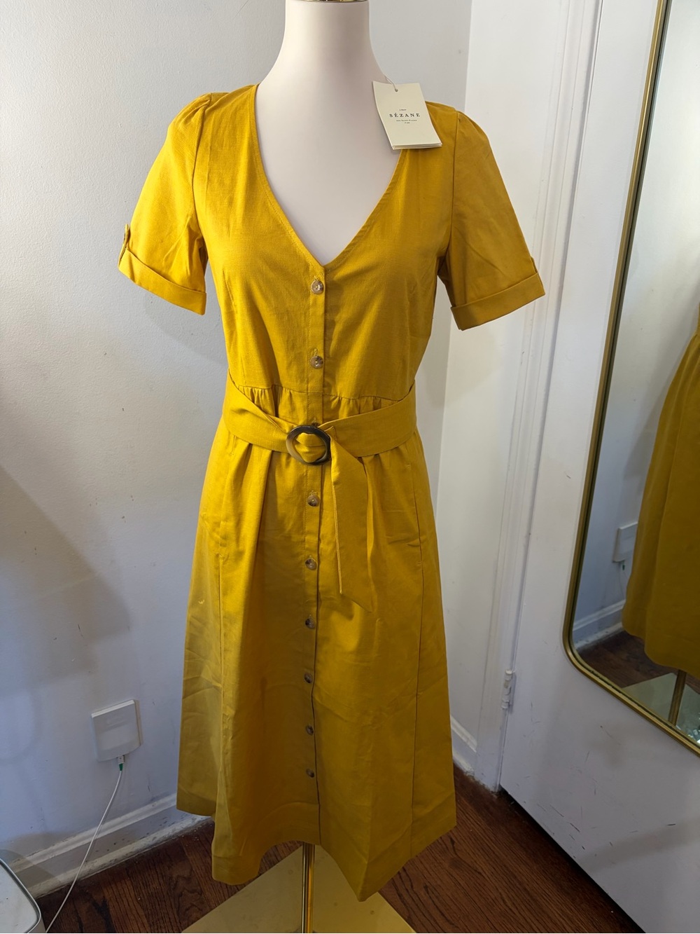 Sézane Robe Marianne Curry Button-Front Belted Midi Dress